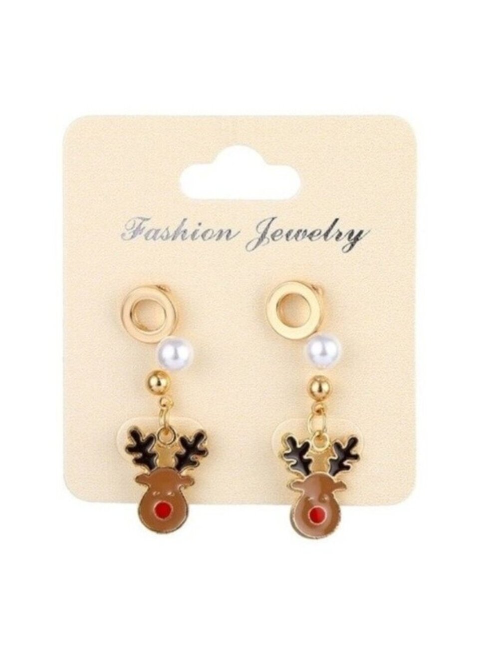 Pearl Brown Reindeer Christmas Dangle Earrings